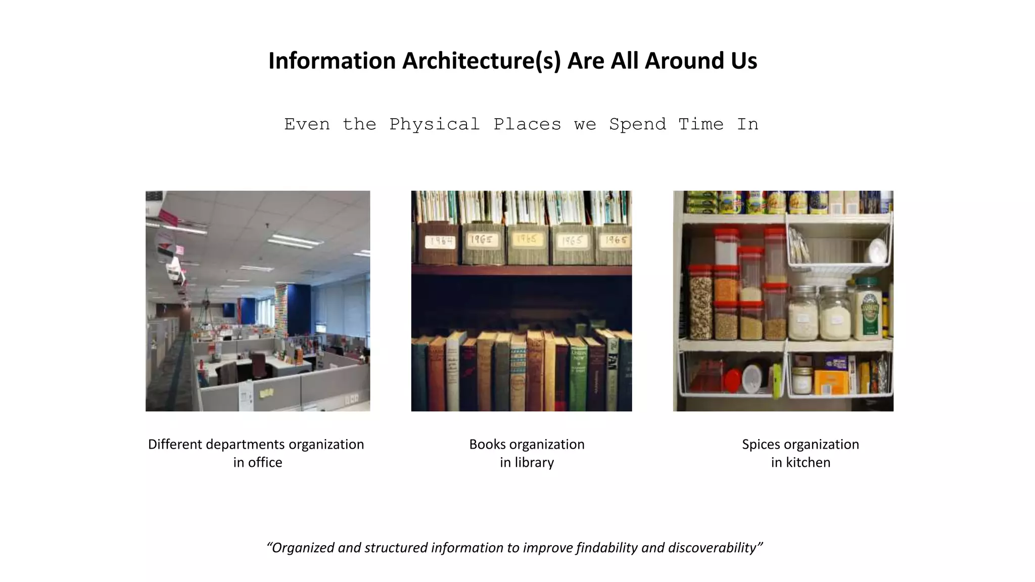 Information Architecture(s) Are All Around Us
Even the Physical Places we Spend Time In
Different departments organization
in office
Books organization
in library
Spices organization
in kitchen
“Organized and structured information to improve findability and discoverability”
 