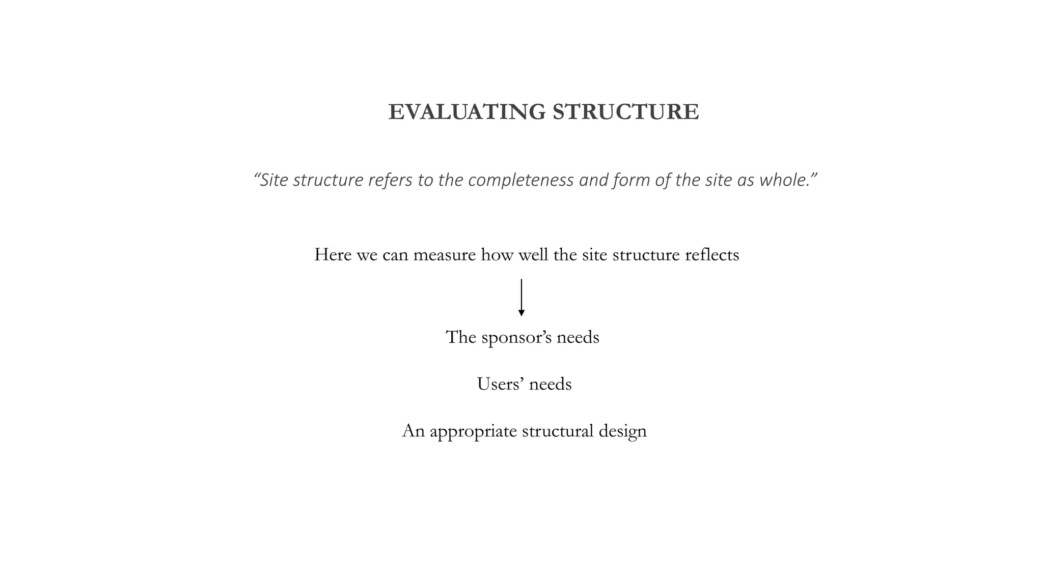 EVALUATING STRUCTURE
“Site structure refers to the completeness and form of the site as whole.”
Here we can measure how well the site structure reflects
The sponsor’s needs
Users’ needs
An appropriate structural design
 