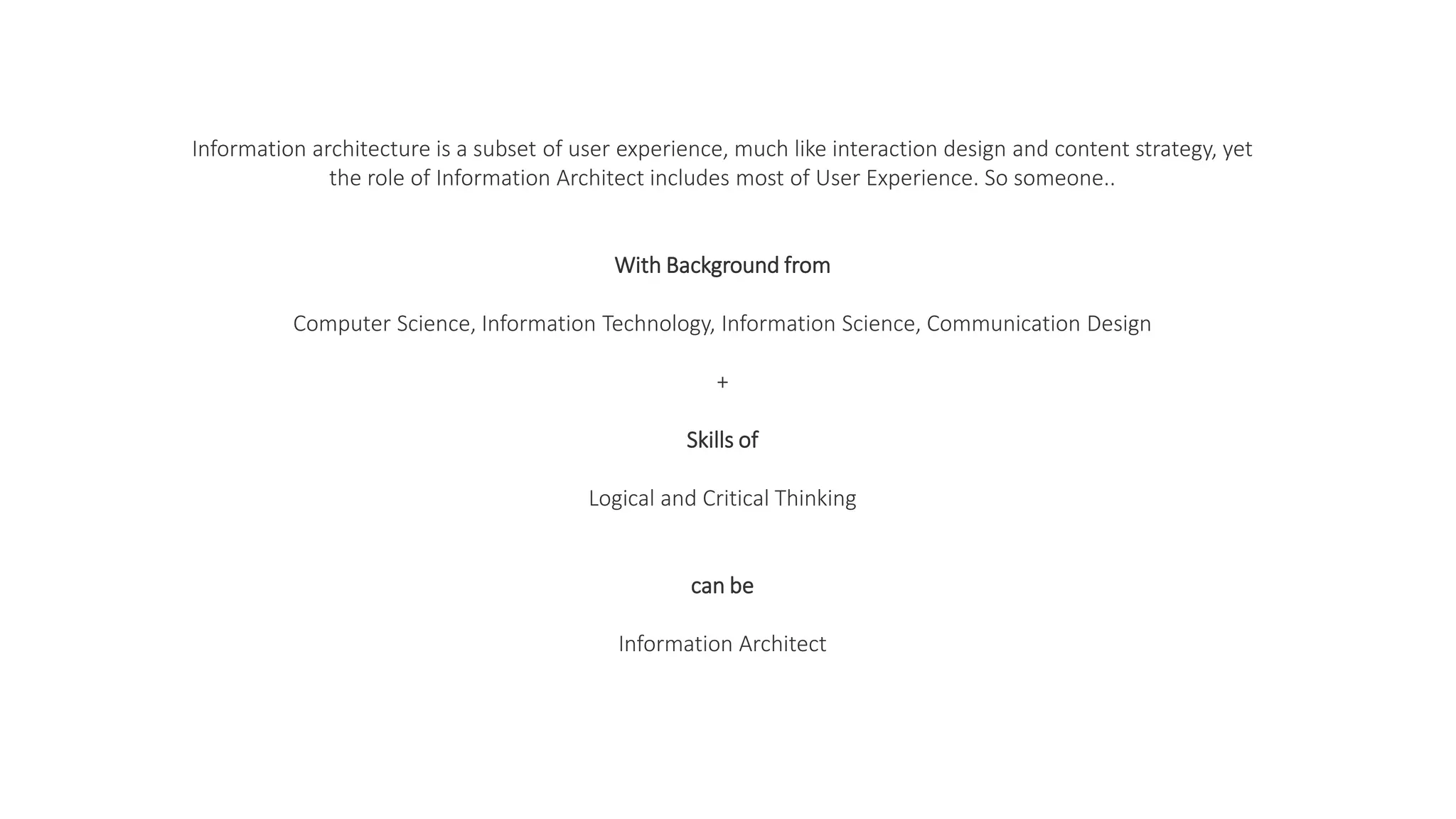 Information architecture is a subset of user experience, much like interaction design and content strategy, yet
the role of Information Architect includes most of User Experience. So someone..
With Background from
Computer Science, Information Technology, Information Science, Communication Design
+
Skills of
Logical and Critical Thinking
can be
Information Architect
 