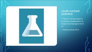 AZURE MACHINE
LEARNING
• Suporte a serviços cognitivos
de pesquisa, reconhecimento de
imagens, bots, linguagem natural
etc.
• Disponível desde 2015.
 