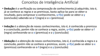 Conceitos de Inteligência Artificial
• Dedução é a verificação ou comprovação de conhecimento já adquirido, isto é,
já se conhece as regras e as premissas, basta aplica-las para se obter o
resultado, para comprovar o conhecimento, y=f(x) pode-se obter o y
(conclusão) sabendo-se o f (regra) e o x (premissa)
• Indução é a obtenção de novos conhecimentos, isto é, é conhecido a premissa
e a conclusão, porém não se conhece a regra, assim, y=f(x) pode-se obter o f
(regra) conhecendo-se o x (premissa) e o y (conclusão)
• Abdução é a obtenção de novos conhecimentos, isto é, é conhecida a regra e a
conclusão, porém não se conhece a premissa, assim, y=f(x) pode-se obter o x
(premissa) conhecendo-se o f (regra) e o y (conclusão)
http://www.alvarofpinheiro.eti.br
 