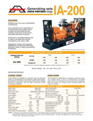IVECO MOTORS range
Generating sets
IA-200
IA-200
200
220
160
176
225
248
180
190
ACEA E3/E5
Oil sump capacity:
Specific lube oil consumption:
Net Power at flywheel:
BMEP:
Mean Piston speed:
N67 TE2A
6 in line
6.7
turbo air to air aftercooled
193
23.6
Standard Voltages 380 - 415 Volts 3 Phase 50HZ
25
17
120
300
Max 0.1% of fuel Consumption
438
50Heat radiated from generator:
550
946
3.8
754
104 / 132
6.6
Minimum oil pressure:
Ratings at 0.8 pf - Generator designed to operate in ambient temperatures up to 52 o
C
1) Ratings in accordance with ISO 8528 - The Nominal power are available after 50 hours running with_+ 3% tolerance.
The indicasted power may change in function of the utlized alternator. For duty at temperature over 40°C and/or
altitude over 1000 meters must be considered a power derating factor. Contact the Adpower Fzco sales organization.
2) EPA TIER 2 certification available.
Note:
614
IVECO-FPT
Basic Engine TYPE : F4HE0685A*F-504247726
KPa
Designed to Comply with European
2002/88/EC and Amercian EPA CARB
directives. Power in total environmental
friendliness.
exhaust
coolant
25.650% load
35.780%
44
 