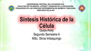 Síntesis Histórica de la
Célula
UNIVERSIDAD CENTRAL DEL ECUADOR-UCE
FACULTAD DE FILOSOFÍA, LETRAS Y CIENCIAS DE LA EDUCACIÓN
PEDAGOGÍA DE LAS CIENCIAS EXPERIMENTALES QUÍMICA Y BIOLOGÍA
´BIOLOGÍA CELULAR
Quijia Arely
Segundo Semestre A
MSc. Silvia Imbaquingo
 