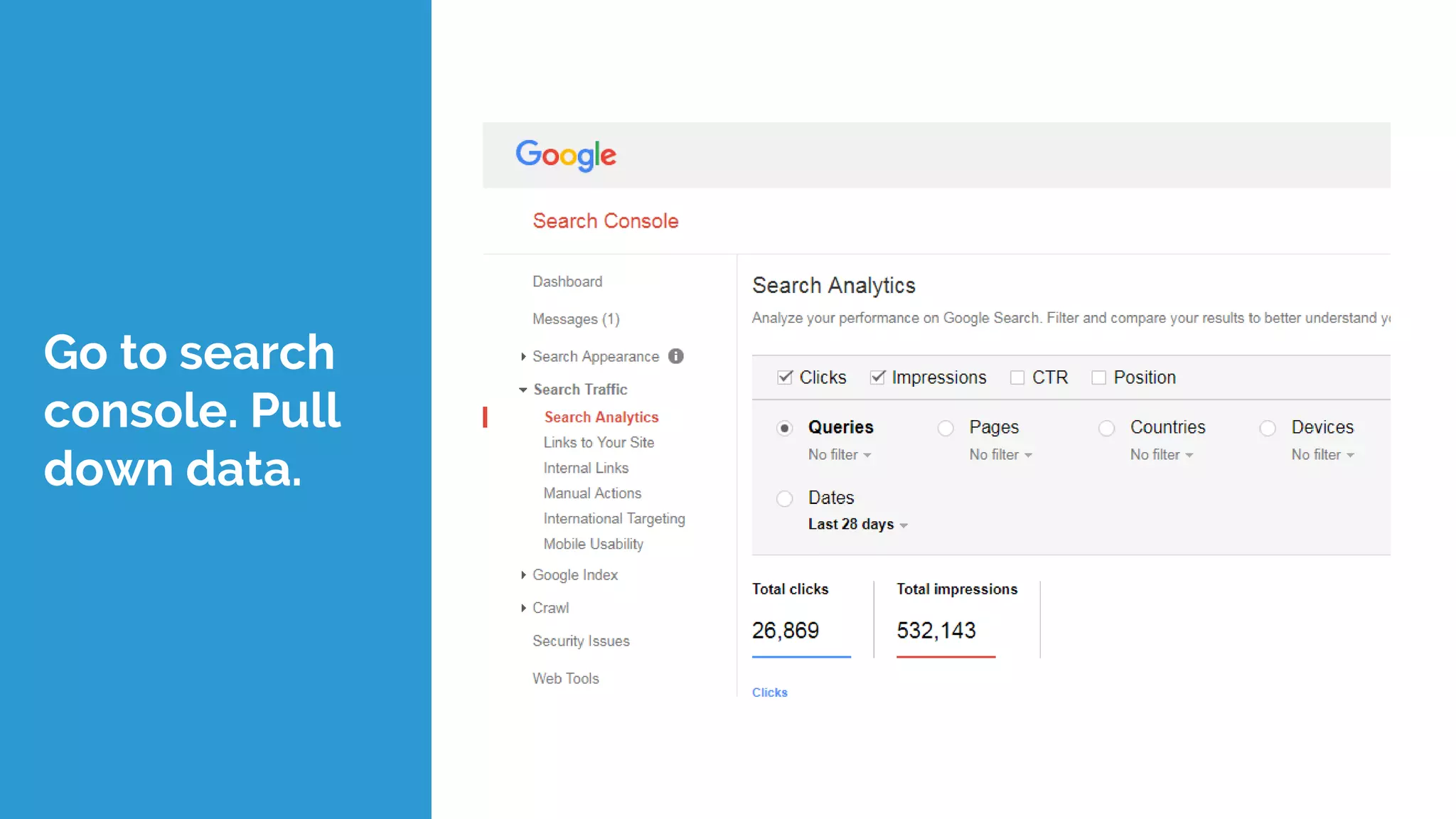 Go to search
console. Pull
down data.
 
