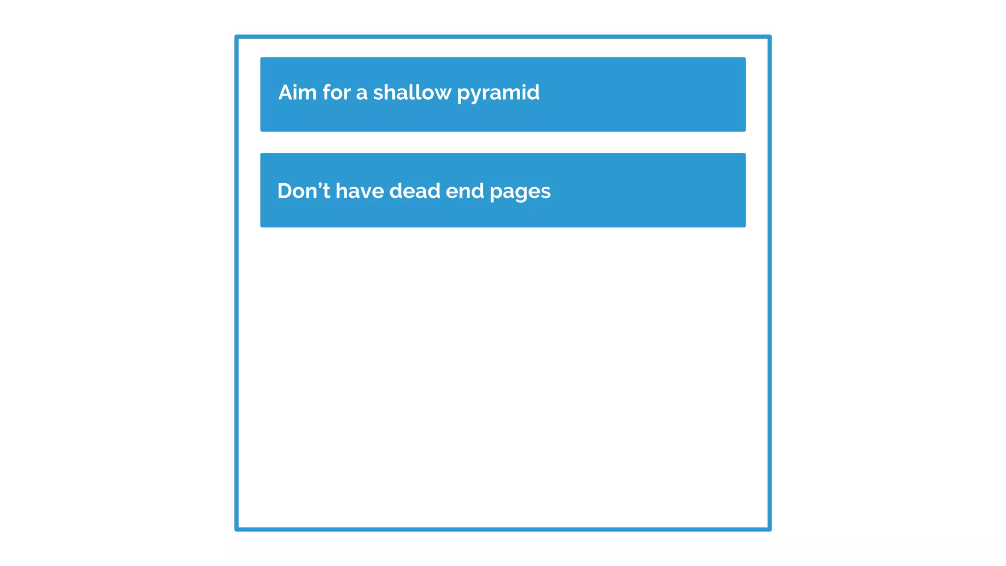 Aim for a shallow pyramid
Don’t have dead end pages
 