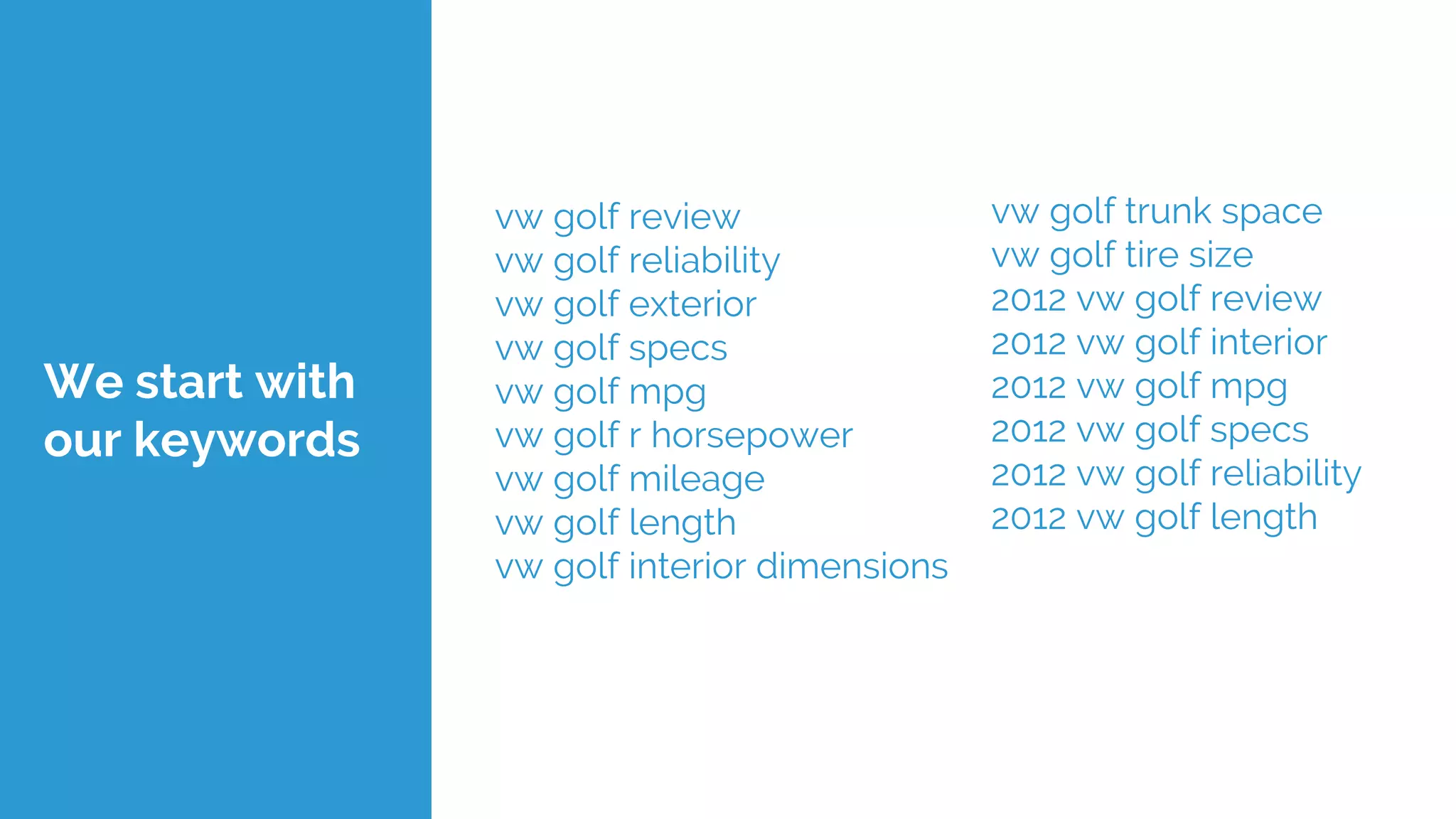 We start with
our keywords
vw golf review
vw golf reliability
vw golf exterior
vw golf specs
vw golf mpg
vw golf r horsepower
vw golf mileage
vw golf length
vw golf interior dimensions
vw golf trunk space
vw golf tire size
2012 vw golf review
2012 vw golf interior
2012 vw golf mpg
2012 vw golf specs
2012 vw golf reliability
2012 vw golf length
 