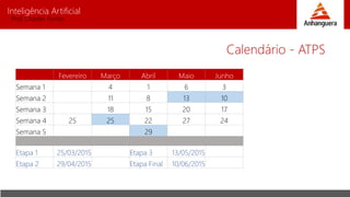 Inteligência Artificial
Prof. Charles Fortes
Calendário - ATPS
Fevereiro Março Abril Maio Junho
Semana 1 4 1 6 3
Semana 2 11 8 13 10
Semana 3 18 15 20 17
Semana 4 25 25 22 27 24
Semana 5 29
Etapa 1 25/03/2015 Etapa 3 13/05/2015
Etapa 2 29/04/2015 Etapa Final 10/06/2015
 