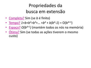 Propriedades da
busca em extensão
• Completa? Sim (se b é finito)
• Tempo? 1+b+b2+b3+… +bd + b(bd-1) = O(bd+1)
• Espaço? O(bd+1) (mantém todos os nós na memória)
• Ótima? Sim (se todas as ações tiverem o mesmo
custo)
 