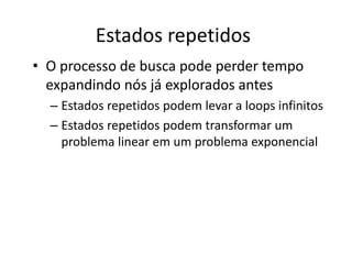Estados repetidos
• O processo de busca pode perder tempo
expandindo nós já explorados antes
– Estados repetidos podem levar a loops infinitos
– Estados repetidos podem transformar um
problema linear em um problema exponencial
 