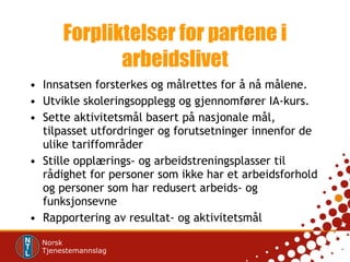 Forpliktelser for partene i arbeidslivet Innsatsen forsterkes og målrettes for å nå målene. Utvikle skoleringsopplegg og gjennomfører IA-kurs. Sette aktivitetsmål basert på nasjonale mål, tilpasset utfordringer og forutsetninger innenfor de ulike tariffområder Stille opplærings- og arbeidstreningsplasser til rådighet for personer som ikke har et arbeidsforhold og personer som har redusert arbeids- og funksjonsevne Rapportering av resultat- og aktivitetsmål 