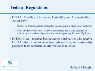 Federal Regulations

• HIPAA : Healthcare Insurance Portability and Accountability
  Act of 1996.
   • Nurses in Wisconsin terminated for posting patient Xrays on Facebook
   • Univ of Mexico Hospital workers terminated for taking pictures of
     patient injuries with cellphone cameras and posting them on MySpace

• HITECH Act – requires businesses or third parties who receive
  HIPAA information to maintain confidentiality and must notify
  people if their confidential information is released.




                                   14
 