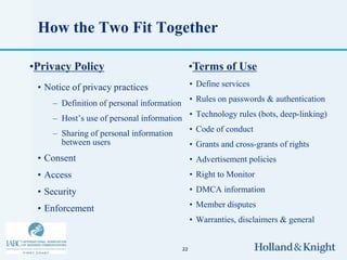 How the Two Fit Together

•Privacy Policy                               •Terms of Use
 • Notice of privacy practices                • Define services

     – Definition of personal information • Rules on passwords & authentication
     – Host’s use of personal information • Technology rules (bots, deep-linking)
     – Sharing of personal information        • Code of conduct
       between users                          • Grants and cross-grants of rights
 • Consent                                    • Advertisement policies
 • Access                                     • Right to Monitor

 • Security                                   • DMCA information

 • Enforcement                                • Member disputes
                                              • Warranties, disclaimers & general


                                         22
 