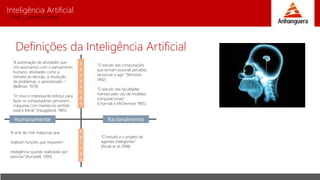 Inteligência Artificial
Prof. Charles Fortes
Definições da Inteligência Artificial
“A automação de atividades que
nós associamos com o pensamento
humano, atividades como a
tomada de decisão, a resolução
de problemas, o aprendizado...”
[Bellman, 1978]
“O novo e interessante esforço para
fazer os computadores pensarem...
máquinas com mentes,no sentido
total e literal.” (Haugeland, 1985)
“A arte de criar máquinas que
realizam funções que requerem
inteligência quando realizadas por
pessoas” [Kurzwell, 1990]
“O estudo das computações
que tornam possível perceber,
raciocinar e agir” [Winston,
1992]
“O estudo das faculdades
mentais pelo uso de modelos
computacionais.”
(Charniak e McDermott 1985)
“O estudo e o projeto de
agentes inteligentes”
[Poole et al.,1998]
RacionalmenteHumanamente
P
e
n
s
a
n
d
o
A
g
i
n
d
o
 