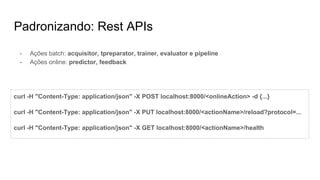 Padronizando: Rest APIs
curl -H "Content-Type: application/json" -X POST localhost:8000/<onlineAction> -d {...}
curl -H "Content-Type: application/json" -X PUT localhost:8000/<actionName>/reload?protocol=...
curl -H "Content-Type: application/json" -X GET localhost:8000/<actionName>/health
- Ações batch: acquisitor, tpreparator, trainer, evaluator e pipeline
- Ações online: predictor, feedback
 