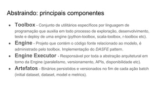 Abstraindo: principais componentes
● Toolbox - Conjunto de utilitários específicos por linguagem de
programação que auxilia em todo processo de exploração, desenvolvimento,
teste e deploy de uma engine (python-toolbox, scala-toolbox, r-toolbox etc).
● Engine - Projeto que contém o código fonte relacionado ao modelo, é
administrado pelo toolbox. Implementação do DASFE pattern.
● Engine Executor - Responsável por toda a abstração arquitetural em
torno da Engine (paralelismo, versionamento, APIs, disponibilidade etc).
● Artefatos - Binários persistidos e versionados no fim de cada ação batch
(initial dataset, dataset, model e metrics).
 