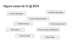 Alguns cases de IA @ B2W
Buy Box Optimization
Forecast Demand
Risk Analysis
Ad-Spend Optimization
Dynamic Pricing
Product Feature Extraction
Product Category Classification
Product Image Search
Product Match
 