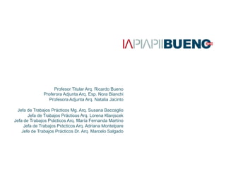 Profesor Titular Arq. Ricardo Bueno
Proferora Adjunta Arq. Esp. Nora Bianchi
Profesora Adjunta Arq. Natalia Jacinto
Jefa de Trabajos Prácticos Mg. Arq. Susana Baccaglio
Jefa de Trabajos Prácticos Arq. Lorena Klanjscek
Jefa de Trabajos Prácticos Arq. María Fernanda Martino
Jefa de Trabajos Prácticos Arq. Adriana Montelpare
Jefe de Trabajos Prácticos Dr. Arq. Marcelo Salgado
	
  
 