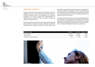 1. Negocio
2. Innovación
3. Factor humano
27
Bankinter
Informe Anual 2013
Segmentos de clientes
El año 2013 ha concluido con unos recursos medios de 24.773,9
millones de euros, y una inversión media que asciende a
42.699,4 millones de euros. En comparación con el ejercicio
precedente, los recursos medios han experimentado un
crecimiento del 7,9%; y por lo que se refiere a la inversión
media, una caída del 3,6%.
Pese al duro entorno económico actual, la satisfacción declarada
por los clientes en relación al servicio recibido por el banco ha
mejorado frente a ejercicios anteriores, lo que refuerza una
estrategia de crecimiento basada en alcanzar la excelencia en
materia de calidad. Consecuencia de ello es que Bankinter se
sitúa a diciembre con una diferencia de 8,5 puntos por encima
de la media del mercado en cuanto a la calidad percibida en los
segmentos de Personas Físicas.
La diferenciación según los tipos de clientes y la especialización
de la plantilla, son variables que han permitido al banco unos
excelentesratiosdecalidaddeservicio,tantoenPersonasFísicas
(Particulares, Extranjeros, Banca Personal y Banca Privada),
como en Empresas (Pequeñas, Medianas y Corporativa).
Millones de euros sión 31/12/2013 31/12/2012 Diferencia (%)
Recursos Medios 24.773,92 22.969,06 +7,86%
Inversión Media 42.699,35 44.296,81 -3,61%
ISN (Indice de satisfacción neta) 75,67 75,09 +0,77%
 
