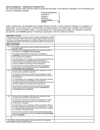 Internal assessment - Exploration Feedback Form
The new assessmentmodel uses five criteria to assess the final reportof the individual investigation with the following raw marks and
weightings assigned:
Personal engagement: 2
Exploration: 6
Analysis: 6
Evaluation: 6
Communication: 4
TOTAL: 24
Levels of performance are described using multiple indicators per level. In many cases the indicators occur together in a
specific level, but not always. Also, not all indicators are always present. This means that a candidate can demonstrate
performances that fit into different levels. To accommodate this, the IB assessment models use markbands. Examiners
and teachers use a best-fit approach in deciding the appropriate mark for a particular criterion.
Exploration – 6 marks
This criterion assesses the extent to w hich the student establishes the scientific
context for the work, statesa clear and focused research question and usesconcepts
and techniques appropriate to the Diploma Programme level. Where appropriate, this
criterion also assesses aw areness of safety, environmental, and ethical
considerations.
Mark Descriptor
0 The student’s report does not reach a standard described by the
descriptors below.
1-2 The topic of the investigation is identified and a research question of
some relevance is statedbut it is not focused.
The background information provided for the investigation is superficial
or of limited relevance and does not aid the understanding of the context
of the investigation.
The methodology of the investigation is only appropriate to address the
research question to a very limited extent since it takes into consideration
few of the significant factors that may influence the relevance, reliability
and sufficiency of the collected data.
The report show sevidence of limited aw arenessof the significant safety,
ethical or environmental issues that are relevant to the methodology of
the investigation*.
3-4 The topic of the investigation is identified and a relevant but not fully
focused research question is described.
The background information provided for the investigation is mainly
appropriate and relevant and aids the understanding of the context of the
investigation.
The methodology of the investigation is mainly appropriate to address the
research question but has limitations since it takes into consideration only
some of the significant factorsthat may influence the relevance, reliability
and sufficiency of the collected data.
The report show sevidence of some aw areness of the significant safety,
ethical or environmental issues that are relevant to the methodology of
the investigation*.
5-6 The topic of the investigation is identified and a relevant and fully focused
research question is clearly described.
The background information provided for the investigation is entirely
appropriate and relevant and enhances the understanding of the +context
of the investigation.
The methodology of the investigation is highly appropriate to address the
research question because it takes into consideration all, or nearly all, of
the significant factorsthat may influence the relevance, reliability and
sufficiency of the collected data.
The report show sevidence of fullawarenessof the significant safety,
ethical or environmental issues that are relevant to the methodology of
the investigation.*
* This indicator should only be applied w hen appropriate to the investigation. See
exemplars in teacher support material.
 