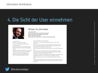 Information Architecture
@kirstenschelper
4. Die Sicht der User einnehmen
Michael, 34, Informatiker
Zur Lebenssituation:
M...