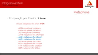 Inteligência Artificial
Prof. Charles Fortes
Comparação pela fonética  Jensn
Double Metaphone for Jensn: ANSN
ATMS metaphone for Adams
PNSN metaphone for Benson
JRLT metaphone for Geralds
AHNS metaphone for Johannson
ANSN metaphone for Johnson
ANSN metaphone for Jensen
ARTN metaphone for Jordon
MTSN metaphone for Madsen
STTR metaphone for Stratford
FLKN metaphone for Wilkins
Metaphone
 