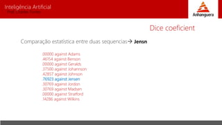 Inteligência Artificial
Prof. Charles Fortes
Comparação estatística entre duas sequencias Jensn
.00000 against Adams
.46154 against Benson
.00000 against Geralds
.37500 against Johannson
.42857 against Johnson
.76923 against Jensen
.30769 against Jordon
.30769 against Madsen
.00000 against Stratford
.14286 against Wilkins
Dice coeficient
 