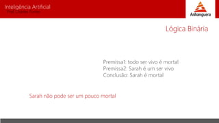 Inteligência Artificial
Prof. Charles Fortes
Premissa1: todo ser vivo é mortal
Premissa2: Sarah é um ser vivo
Conclusão: Sarah é mortal
Lógica Binária
Sarah não pode ser um pouco mortal
 