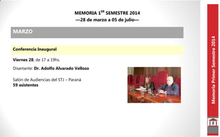 MemoriaPrimerSemestre2014
MEMORIA 1ER
SEMESTRE 2014
—28 de marzo a 05 de julio—
MARZO
Conferencia Inaugural
Viernes 28, de...