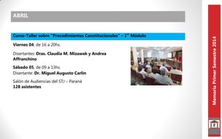 MemoriaPrimerSemestre2014
ABRIL
Curso-Taller sobre "Procedimientos Constitucionales" – 1er
Módulo
Viernes 04, de 16 a 20hs...