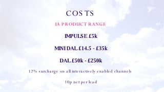 IA PRODUCT RANGE IMPULSE £5k MINI DAL £14.5 - £35k DAL £50k - £250k 12% surcharge on all interactively enabled channels  10p net per lead COSTS 