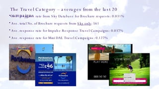 The Travel Category – averages from the last 20 campaigns Ave. response rate from Sky Database for Brochure requests: 0.031% Ave. total No. of Brochure requests from  Sky only : 561 Ave. response rate for Impulse Response Travel Campaigns: 0.037% Ave. response rate for Mini DAL Travel Campaigns: 0.127% 