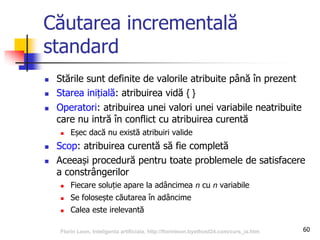 60
Căutarea incrementală
standard
 Stările sunt definite de valorile atribuite până în prezent
 Starea inițială: atribuirea vidă { }
 Operatori: atribuirea unei valori unei variabile neatribuite
care nu intră în conflict cu atribuirea curentă
 Eșec dacă nu există atribuiri valide
 Scop: atribuirea curentă să fie completă
 Aceeași procedură pentru toate problemele de satisfacere
a constrângerilor
 Fiecare soluție apare la adâncimea n cu n variabile
 Se folosește căutarea în adâncime
 Calea este irelevantă
Florin Leon, Inteligenta artificiala, http://florinleon.byethost24.com/curs_ia.htm
 