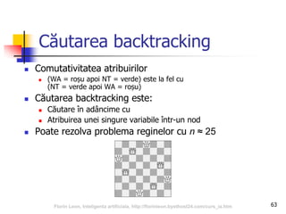 63
Căutarea backtracking
 Comutativitatea atribuirilor
 (WA = roșu apoi NT = verde) este la fel cu
(NT = verde apoi WA = roșu)
 Căutarea backtracking este:
 Căutare în adâncime cu
 Atribuirea unei singure variabile într-un nod
 Poate rezolva problema reginelor cu n ≈ 25
Florin Leon, Inteligenta artificiala, http://florinleon.byethost24.com/curs_ia.htm
 