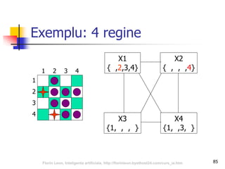 Exemplu: 4 regine
1
3
2
4
32 41
X1
{ ,2,3,4}
X3
{1, , , }
X4
{1, ,3, }
X2
{ , , ,4}
85Florin Leon, Inteligenta artificiala, http://florinleon.byethost24.com/curs_ia.htm
 
