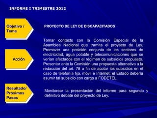 INFORME I TRIMESTRE 2012




Objetivo / /
 Objetivo      PROYECTO DE LEY DE DISCAPACITADOS
Tema
 Tema

               Tomar contacto con la Comisión Especial de la
               Asamblea Nacional que tramita el proyecto de Ley.
               Promover una posición conjunta de los sectores de
               electricidad, agua potable y telecomunicaciones que se
   Acción
    Acción     verían afectados con el régimen de subsidios propuesto.
               Presentar ante la Comisión una propuesta alternativa a la
               redacción del art. 78 a fin de acotar los subsidios en el
               caso de telefonía fija, móvil e Internet; el Estado debería
               asumir tal subsidio con cargo a FODETEL.

Resultado/
 Resultado/    Monitorear la presentación del informe para segundo y
Próximos
 Próximos      definitivo debate del proyecto de Ley.
Pasos
 Pasos
 