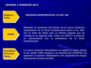 INFORME I TRIMESTRE 2012




Objetivo / /
 Objetivo       SENTENCIA INTERPRETATIVA CC ART. 408
Tema
 Tema


               Mantener el monitoreo del trámite de la nueva sentencia
               interpretativa de la Corte Constitucional sobre el art. 408.
               Dar la señal de alerta ante un informe adverso que se
   Acción
    Acción     cursaba en la segunda sala. Instar a la AECTV a procurar
               un acercamiento con la presidencia de la Corte
               Constitucional.



Resultado/     La nueva sentencia interpretativa se expidió en enero. Aclara
 Resultado/
Próximos       la de octubre 2009 respecto a la potestad del CONATEL de
 Próximos
Pasos          gestionar el espectro radioeléctrico con capacidad de otorgar
 Pasos
               concesiones al sector privado.
 
