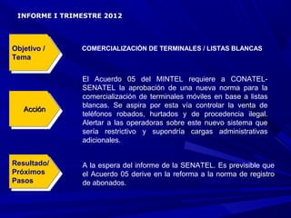 INFORME I TRIMESTRE 2012




Objetivo / /
 Objetivo      COMERCIALIZACIÓN DE TERMINALES / LISTAS BLANCAS
Tema
 Tema

               El Acuerdo 05 del MINTEL requiere a CONATEL-
               SENATEL la aprobación de una nueva norma para la
               comercialización de terminales móviles en base a listas
               blancas. Se aspira por esta vía controlar la venta de
   Acción
    Acción     teléfonos robados, hurtados y de procedencia ilegal.
               Alertar a las operadoras sobre este nuevo sistema que
               sería restrictivo y supondría cargas administrativas
               adicionales.


Resultado/
 Resultado/    A la espera del informe de la SENATEL. Es previsible que
Próximos
 Próximos      el Acuerdo 05 derive en la reforma a la norma de registro
Pasos
 Pasos         de abonados.
 