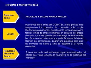 INFORME I TRIMESTRE 2012




Objetivo / /
 Objetivo      RECARGAS Y SALDOS PROMOCIONALES
Tema
 Tema

               Oponernos en el seno del CONATEL a una política que
               compromete los contratos de concesión y la propia
               libertad de promociones. Cuestionar la tendencia a sobre
               regular temas de ámbito comercial en perjuicio del propio
   Acción
    Acción     abonado, toda vez que tiende a restringir la dinámica de
               las ofertas comerciales que son parte fundamental de un
               régimen de competencia. Lograr una prórroga para que
               los servicios de datos y sms se adapten a la nueva
               normativa.
Resultado/
 Resultado/    A la espera de la evaluación que hagan las autoridades del
Próximos
 Próximos      efecto que viene teniendo la normativa en la dinámica del
Pasos
 Pasos         mercado.
 