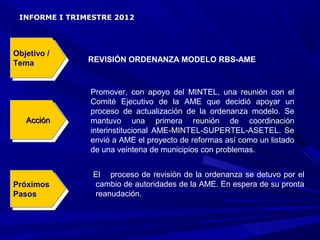 INFORME I TRIMESTRE 2012




Objetivo / /
 Objetivo
Tema           REVISIÓN ORDENANZA MODELO RBS-AME
 Tema


               Promover, con apoyo del MINTEL, una reunión con el
               Comité Ejecutivo de la AME que decidió apoyar un
               proceso de actualización de la ordenanza modelo. Se
   Acción
    Acción     mantuvo una primera reunión de coordinación
               interinstitucional AME-MINTEL-SUPERTEL-ASETEL. Se
               envió a AME el proyecto de reformas así como un listado
               de una veintena de municipios con problemas.


                El proceso de revisión de la ordenanza se detuvo por el
Próximos
 Próximos       cambio de autoridades de la AME. En espera de su pronta
Pasos
 Pasos          reanudación.
 