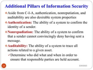 Additional Pillars of Information Security
❖Aside from C-I-A, authentication, nonreputiation, and
auditability are also desirable system properties
❖Authentication: The ability of a system to confirm the
identity of a sender.
❖Nonrepudiation: The ability of a system to confirm
that a sender cannot convincingly deny having sent a
message.
❖Auditability: The ability of a system to trace all
actions related to a given asset.
✓Determine who did what and when in order to
ensure that responsible parties are held account.
3/24/2023
14
 