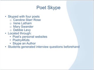Poet Skype
• Skyped with four poets
o Caroline Starr Rose
o Irene Latham
o Mary Swander
o Debbie Levy
• Located through:
• Poet’s personal websites
• Poetry4Kids
• Skype an Author
• Students generated interview questions beforehand
 