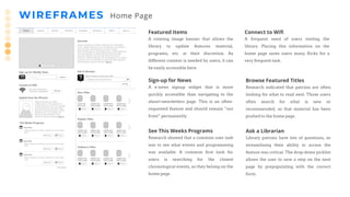 See This Weeks Programs
Research showed that a common user task
was to see what events and programming
was available. A common first look for
users is searching for the closest
chronological events, so they belong on the
home page.
Featured Items
A rotating image banner that allows the
library to update features material,
programs, etc. at their discretion. As
different content is needed by users, it can
be easily accessible here.
Sign-up for News
A e-news signup widget that is more
quickly accessible than navigating to the
about>newsletters page. This is an often-
requested feature and should remain “out
front” permanently.
WIREFRAMES Home Page
Ask a Librarian
Library patrons have lots of questions, so
streamlining their ability to access the
feature was critical. The drop-down picklist
allows the user to save a step on the next
page by prepopulating with the correct
form.
Browse Featured Titles
Research indicated that patrons are often
looking for what to read next. Those users
often search for what is new or
recommended, so that material has been
pushed to the home page.
Connect to Wifi
A frequent need of users visiting the
library. Placing this information on the
home page saves users many flicks for a
very frequent task.
 