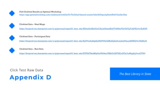Appendix D
Full Clicktest Results on Optimal Workshop
https://app.optimalworkshop.com/chalkmark/w462m17r/71u516o2/shared-results/l46e18334pu2q36tz4f8167v2m5kv35m
Clicktest Data – Heat Maps
https://ksuprod-my.sharepoint.com/:b:/g/personal/sspark11_kent_edu/EZ4tnXwZSwlGuCXaL6D6eesB2xPT4RMuPG6UbTipToQVEw?e=ELRDf3
Clicktest Data – Participant Data
https://ksuprod-my.sharepoint.com/:x:/g/personal/sspark11_kent_edu/EaH9redLA6pEslXIbFH5sGEBuELZmJIcnLkezFhLynMXRQ?e=HhMu2k
Clicktest Data – Raw Data
https://ksuprod-my.sharepoint.com/:x:/g/personal/sspark11_kent_edu/EYPOkTBodBlJp54j1Wd6srYBEhFoOZTEJCn2V5yYuMqqKg?e=oCFFk9
The Best Library in State
Click Test Raw Data
 