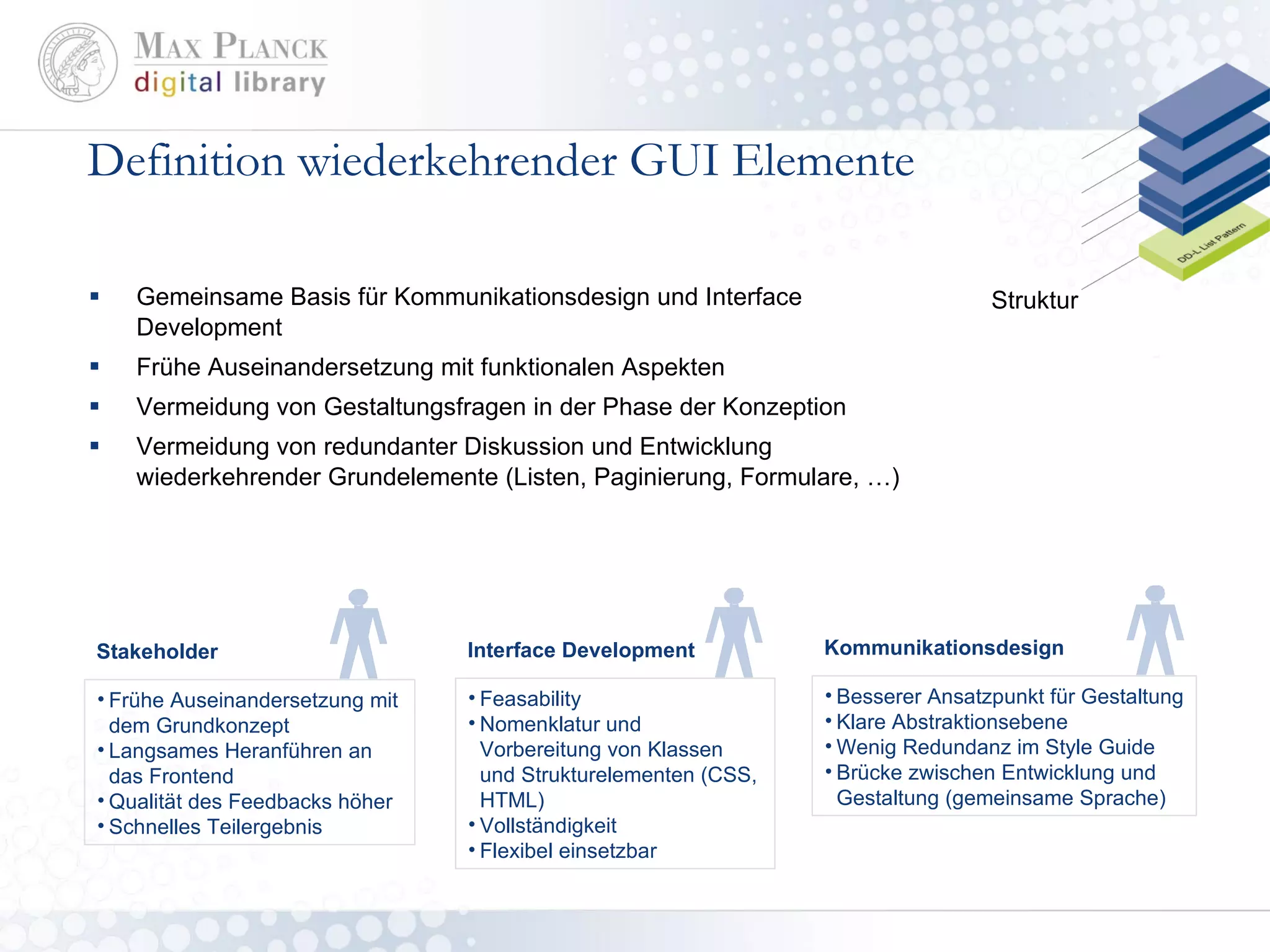 Definition wiederkehrender GUI Elemente Gemeinsame Basis für Kommunikationsdesign und Interface Development  Frühe Auseinandersetzung mit funktionalen Aspekten Vermeidung von Gestaltungsfragen in der Phase der Konzeption Vermeidung von redundanter Diskussion und Entwicklung wiederkehrender Grundelemente (Listen, Paginierung, Formulare, …) Interface Development Feasability Nomenklatur und Vorbereitung von Klassen und Strukturelementen (CSS, HTML) Vollständigkeit Flexibel einsetzbar Kommunikationsdesign Besserer Ansatzpunkt für Gestaltung  Klare Abstraktionsebene Wenig Redundanz im Style Guide Brücke zwischen Entwicklung und Gestaltung (gemeinsame Sprache) Stakeholder Frühe Auseinandersetzung mit dem Grundkonzept Langsames Heranführen an das Frontend Qualität des Feedbacks höher Schnelles Teilergebnis Struktur 