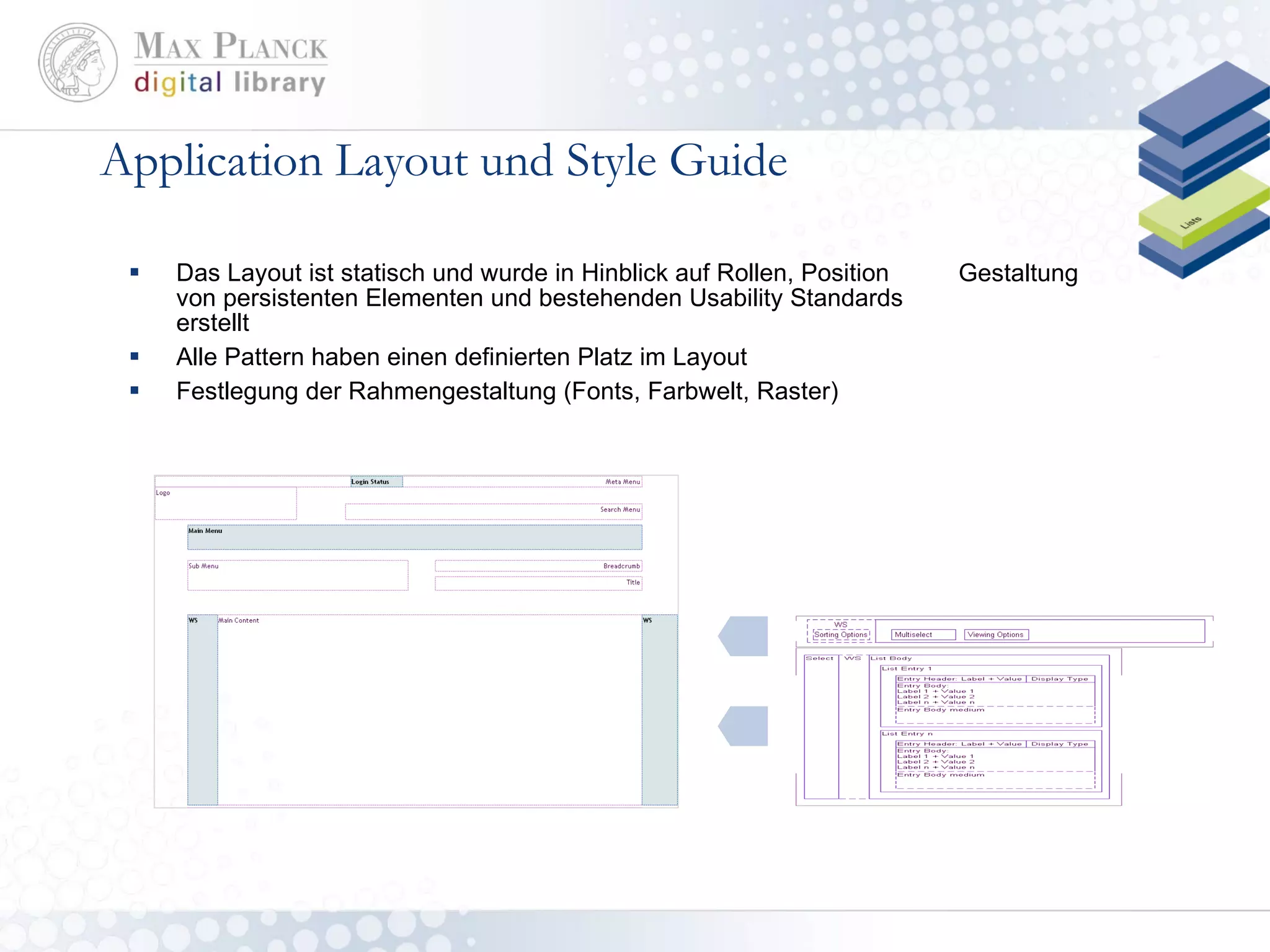 Application Layout und Style Guide Das Layout ist statisch und wurde in Hinblick auf Rollen, Position von persistenten Elementen und bestehenden Usability Standards erstellt Alle Pattern haben einen definierten Platz im Layout Festlegung der Rahmengestaltung (Fonts, Farbwelt, Raster) Gestaltung 
