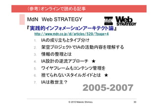 （参考）オンラインで読める記事

MdN Web STRATEGY
『実践的インフォメーションアーキテクト論』
  http://www.mdn.co.jp/di/articles/529/?page=4
 1.   IAの成り立ちとタイプ分け
 2.   架空プロジェクトでIAの活動内容を理解する
 3.   情報の整理とは
 4.   IA設計の逆流アプローチ ★
 5.   ワイヤフレームもコンテンツ管理を
 6.   捨てられないスタイルガイドとは ★
      IAは救世主？
                                  2005-2007
 7.




                      © 2010 Makoto Shimizu      30
 