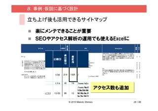 B．事例：仮説に基づく設計

      立ち上げ後も活用できるサイトマップ

              楽にメンテできることが重要
              ＳＥＯやアクセス解析の運用でも使えるExcelに




                                               公開日数




                                                                                                                                          Code
                                                                                                                                     画像
                 タイトル                   公開日                                  URL                               Description


                                                                                                   CMSやSEO、アクセス解析、情報アーキテクチャ（IA)な
                                                                                                   ど、サイトの運用を最適化できる手法やツールに関する
ホーム                                     7/26   101 /                                               調査から導入、結果までの実践の記録です。このサイト          0      0
                                                                                                   自体も実践の場であり、試した結果をリアルタイムで具
                                                                                                   体的に紹介しています。
お   DESIGN IT! Conference 2009での講演内容は   11/2     3    /news/design-it-conference-2009/
知   Oracleセミナーの資料をUPしました                10/6    30    /news/oracle-seminar-2009-presentation/                                         0      0
ら   情報処理学会デジタルドキュメントシンポジウムに出演します        9/30    35    /news/ipsj-sigdd-symposium-2009/                                                0      0
せ   CMSセミナー(by Loftwork, 10/28)に出演します   9/17    48    /news/loftwork-cms-seminar-2009oct/                                             0      0
    DESIGN IT! Forumの資料をUPしました          8/28    68    /news/designit2009-slide-uploaded/                                              0      0
    DESIGN IT! Forum 2009に出演します         7/26   101    /news/visitors-notice/                       なし                                 0      0
                                                                                                   IAとCMSの実践者である清水 誠の個人的活動拠点とし
    サイトを公開しました                          7/26   101 /news/website-launched/                         て、本サイト「実践CMS★IA」を2009年7月26日に立ち上    0      0
                                                                                                   げました。
CMSブログ                                  7/26   102 /blog/                                          なし                                 0      0
   ガートナーの社内ポータル用CMS格付け結果は？              11/4    1 /news/magic-quadrant-for-social-software-2009/                                      0      0
   ロフトワーク諏訪さん×清水のメール対談                  11/1    4 /news/cms-taidan-with-loftwork/                                                     0      0




                                                                                          アクセス数も追加

                                                      © 2010 Makoto Shimizu                                                      28 / 86
 
