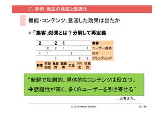C．事例：仮説の検証と最適化

機能・コンテンツ：意図した効果は出たか

 「集客」効果とは？分解して再定義
  2        2   1                    集客
       2   2   1                1   ユーザー維持
  1    1           2                SEO
           1             2      2   ブランディング
       更新 独自 実践    PR 信頼
  鮮度            文量
       頻度 性 度      度 性


“新鮮で独創的、具体的なコンテンツは役立つ。
 話題性が高く、多くのユーザーを引き寄せる”
                                              …と考えた。
                   © 2010 Makoto Shimizu               39 / 86
 