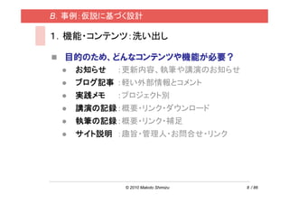B．事例：仮説に基づく設計

１．機能・コンテンツ：洗い出し

  目的のため、どんなコンテンツや機能が必要？
   お知らせ   ：更新内容、執筆や講演のお知らせ
   ブログ記事 ：軽い外部情報とコメント
   実践メモ   ：プロジェクト別
   講演の記録：概要・リンク・ダウンロード
   執筆の記録：概要・リンク・補足
   サイト説明 ：趣旨・管理人・お問合せ・リンク




           © 2010 Makoto Shimizu   8 / 86
 