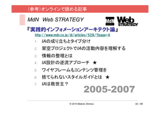 （参考）オンラインで読める記事

MdN Web STRATEGY
『実践的インフォメーションアーキテクト論』
  http://www.mdn.co.jp/di/articles/529/?page=4
 1.   IAの成り立ちとタイプ分け
 2.   架空プロジェクトでIAの活動内容を理解する
 3.   情報の整理とは
 4.   IA設計の逆流アプローチ ★
 5.   ワイヤフレームもコンテンツ管理を
 6.   捨てられないスタイルガイドとは ★
      IAは救世主？
                                  2005-2007
 7.




                      © 2010 Makoto Shimizu      82 / 86
 